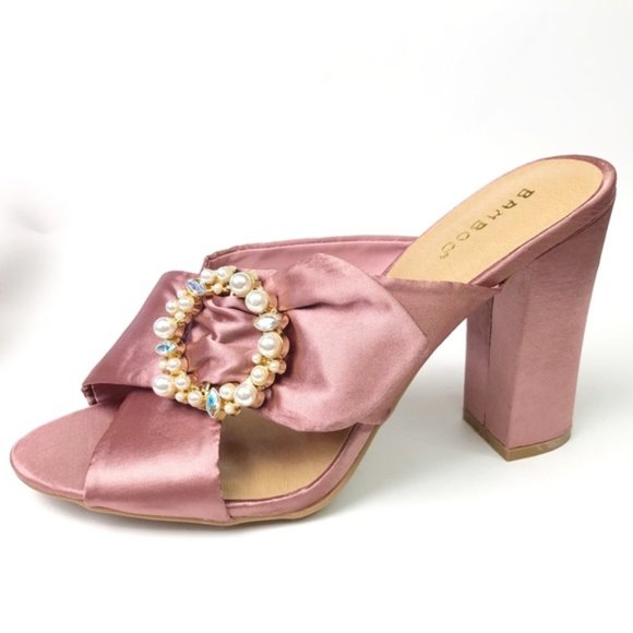bamboo Shoes - Bamboo Jewel Buckle Satin Slide Heels Mauve A102